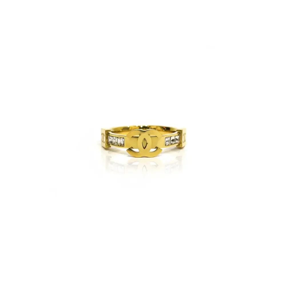 Gold Plated Designer Ring with Logo and Diamond-Like Stones | Trendy Jewel | Anti-Tarnish Jewellery for Women