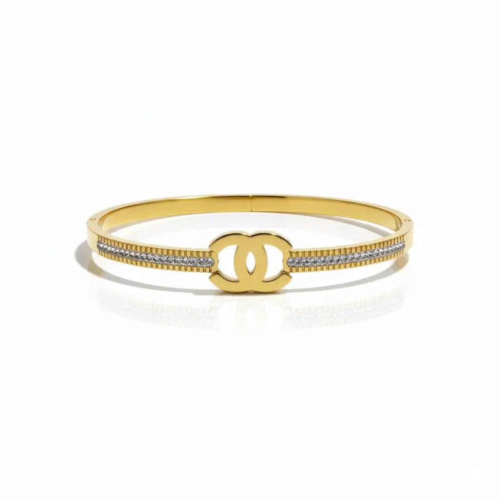 Gold Plated Emblem Bangle Bracelet | Trendy Jewel | Anti-Tarnish Jewellery for Women | CZ Stone Detailing