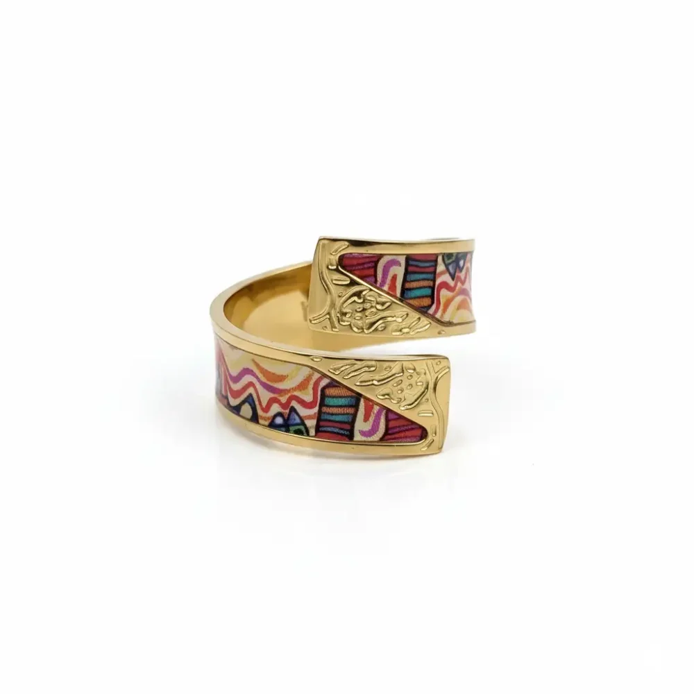 Gold Plated Adjustable Enamel Wrap Ring | Trendy Jewel | Anti-Tarnish Jewellery for Women | Textured Artistic Design