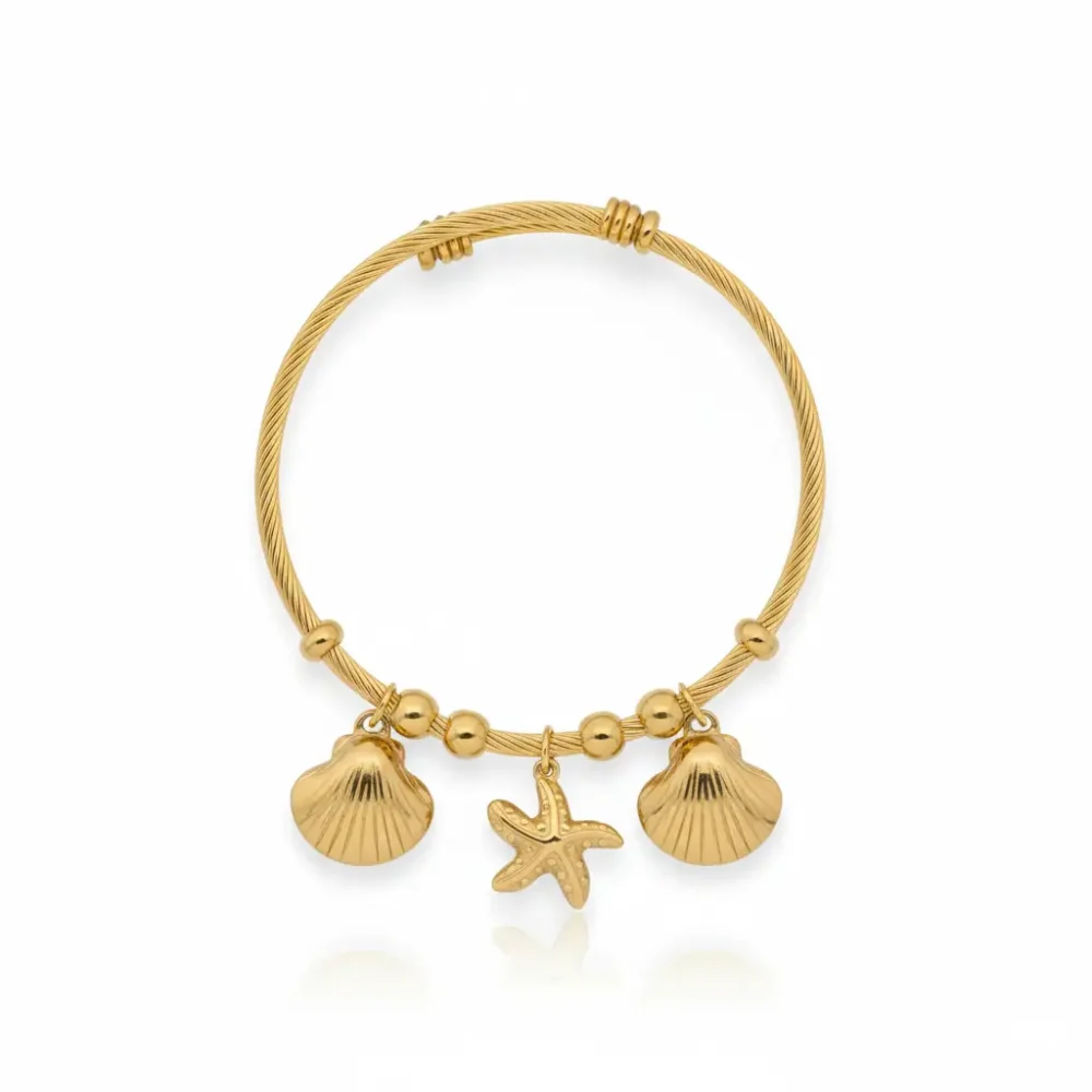 Anti-Tarnish Sea Charm Gold Bangle Bracelet | Starfish & Shell Charms | Trendy Jewel | Skin-Friendly Nickel-Free | Cable Twist Design