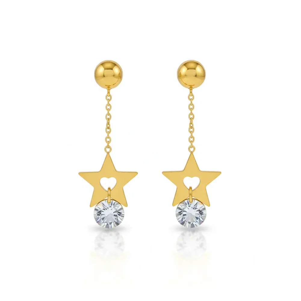 Gold Plated Star Earrings | Trendy Jewel | Heart Design with Sparkling Stones