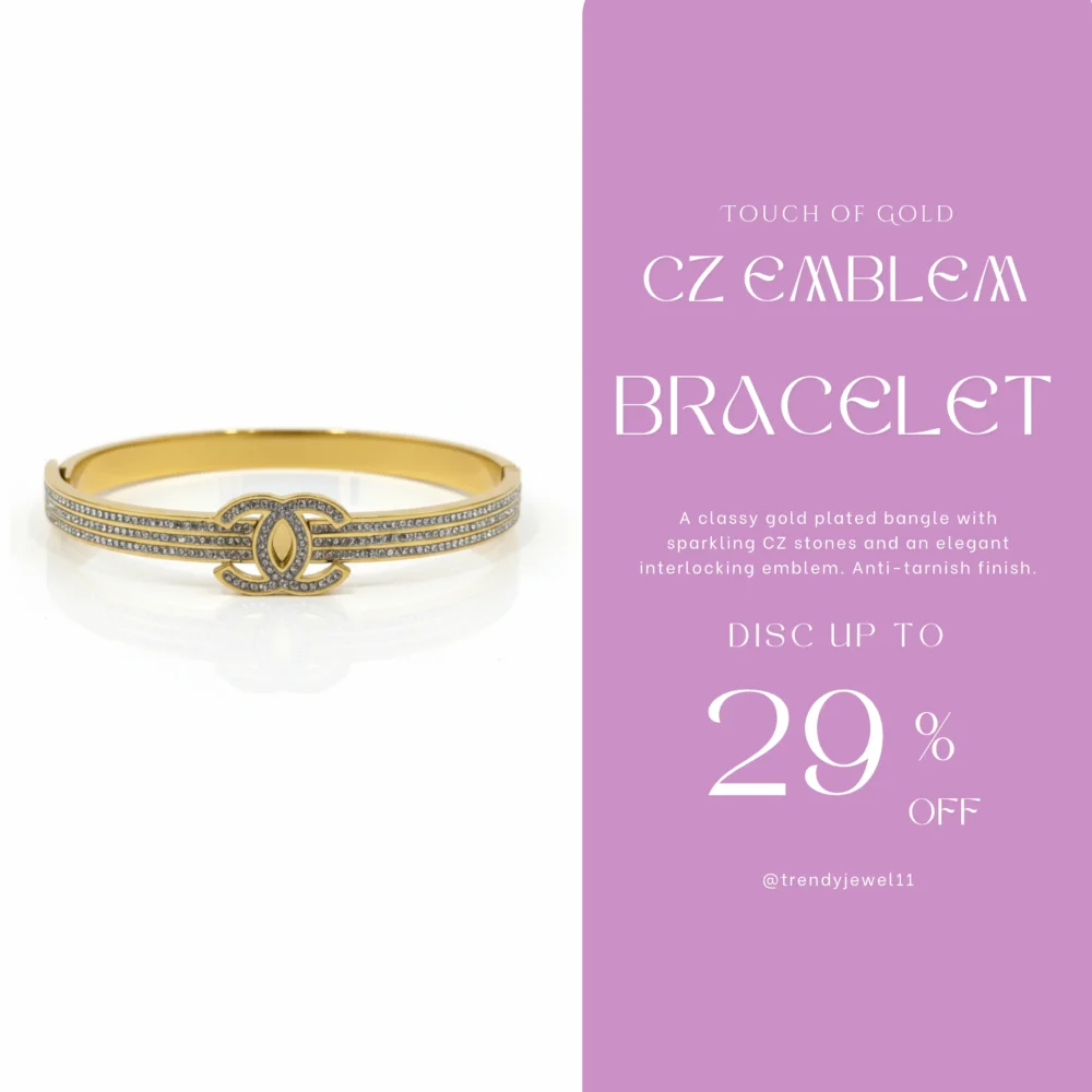 Gold Plated CZ Bangle Bracelet | Trendy Jewel | Anti-Tarnish Jewellery for Women | Elegant Interlocking Emblem Design