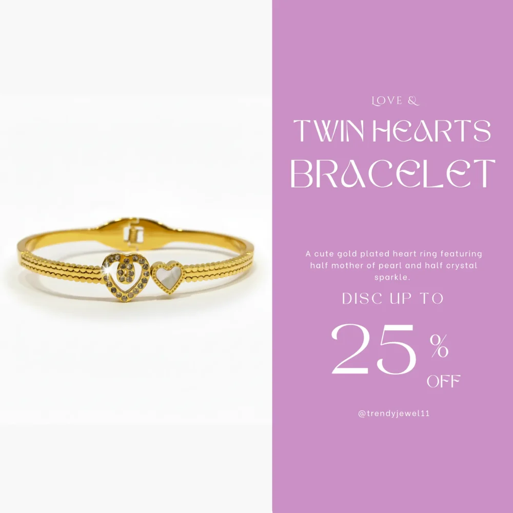 Gold Plated Double Heart Bangle | Trendy Jewel | Anti-Tarnish Jewellery for Women | CZ & Enamel Accent
