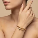 Anti-Tarnish Gold Charm Bangle Bracelet | Heart, Bow & Crystal | Trendy Jewel | Skin-Friendly Nickel-Free | Hinged Comfort Fit