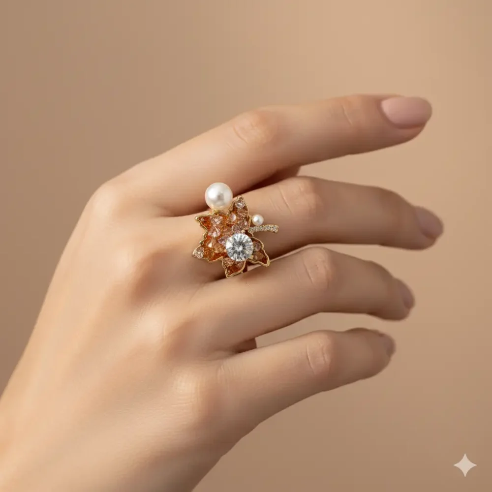 leaf-diamond-pearl-ring-trendy-jewel