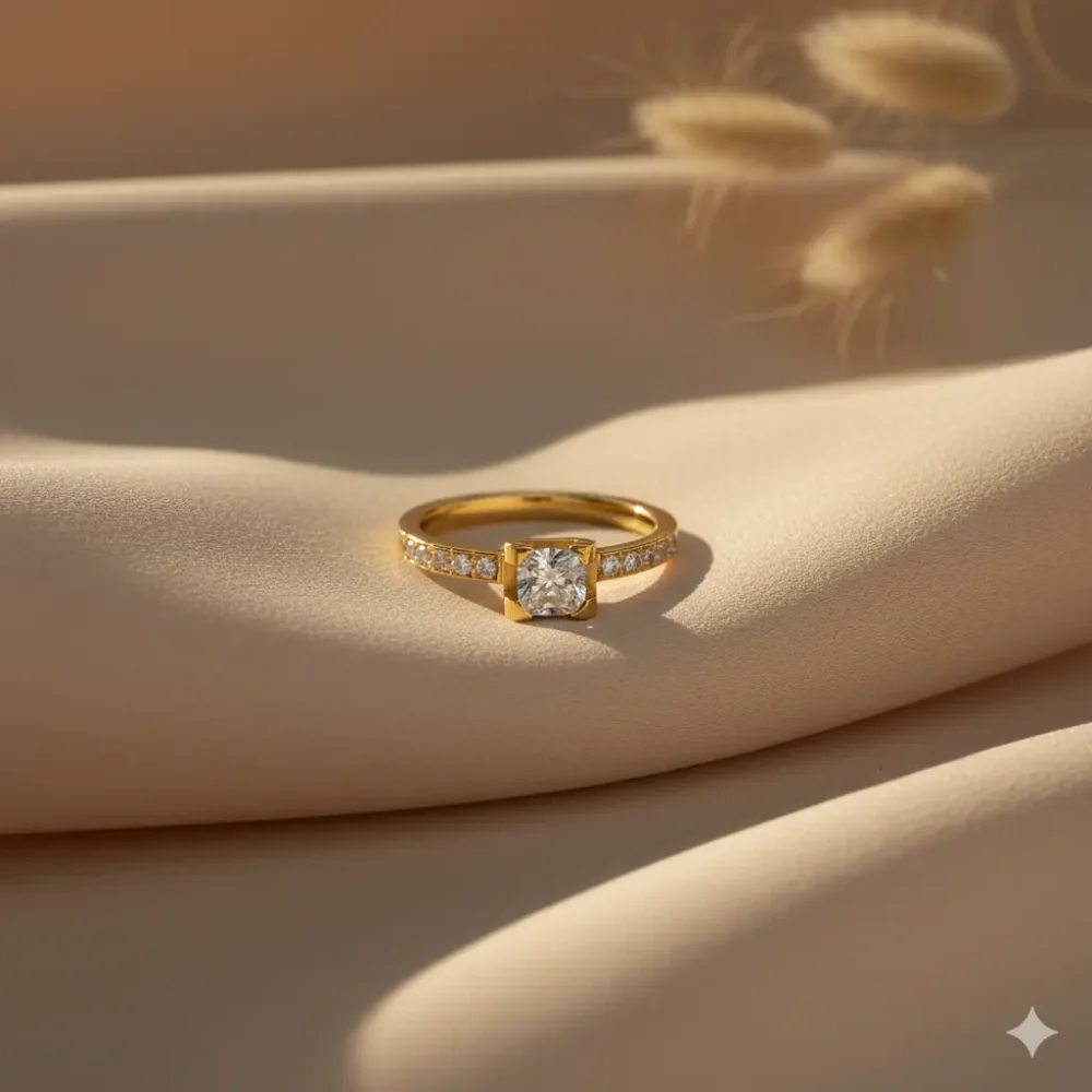 Gold Plated Solitaire Ring with Diamond-Like Stones | Trendy Jewel | Anti-Tarnish Jewellery for Women