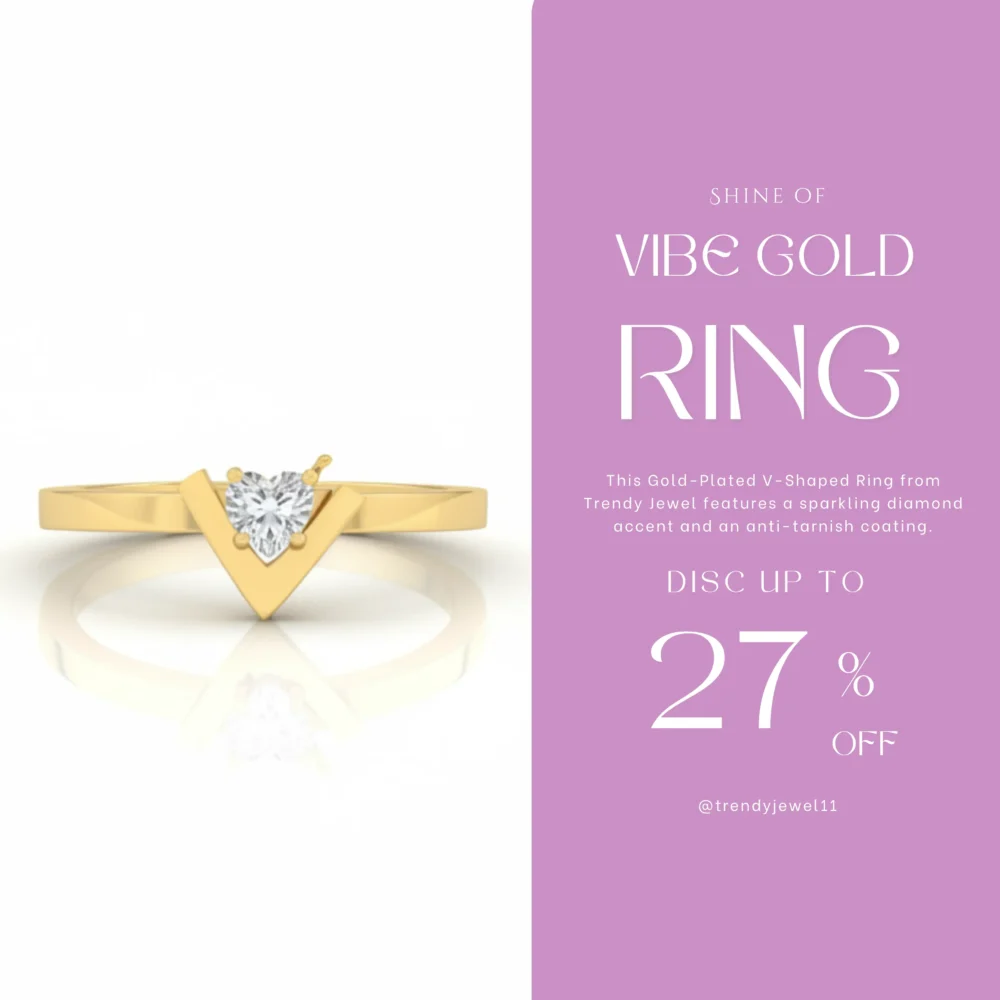 Gold-Plated V-Shaped Ring with Diamond Accent | Trendy Jewel | Anti-Tarnish Jewellery for Women